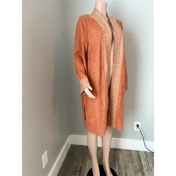 Soft Surroundings Faux Suede Orange Duster Coat Jacket Cardigan Embroidered Sz L - Picture 10 of 11